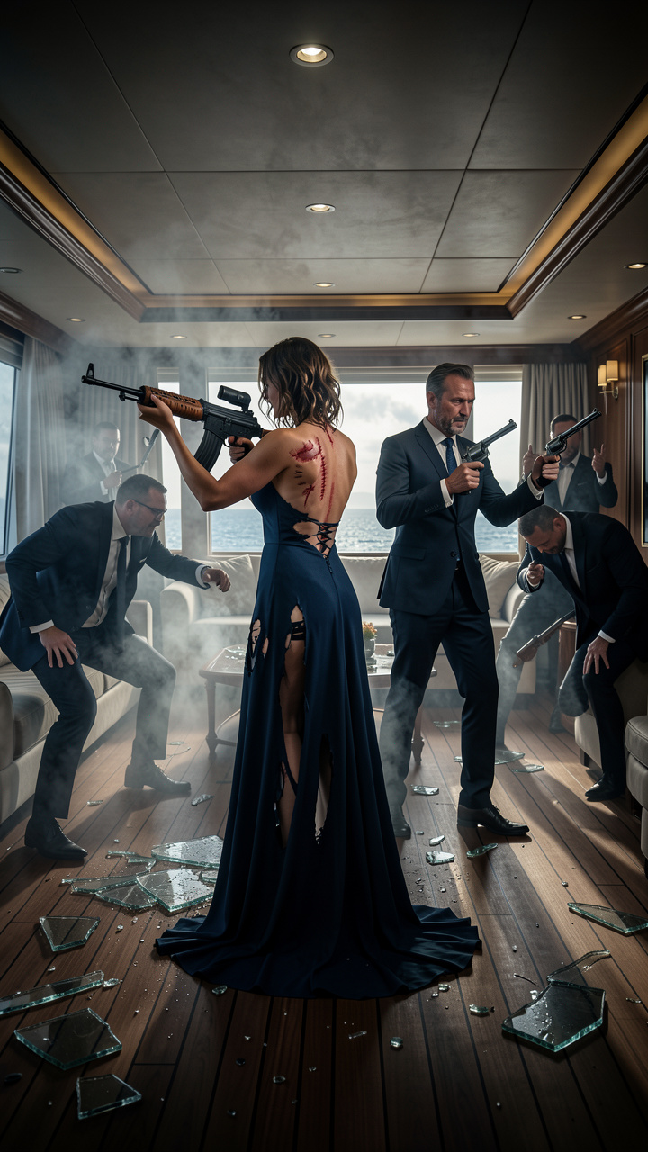 High-action cinematic climax, luxury yacht salon filled with