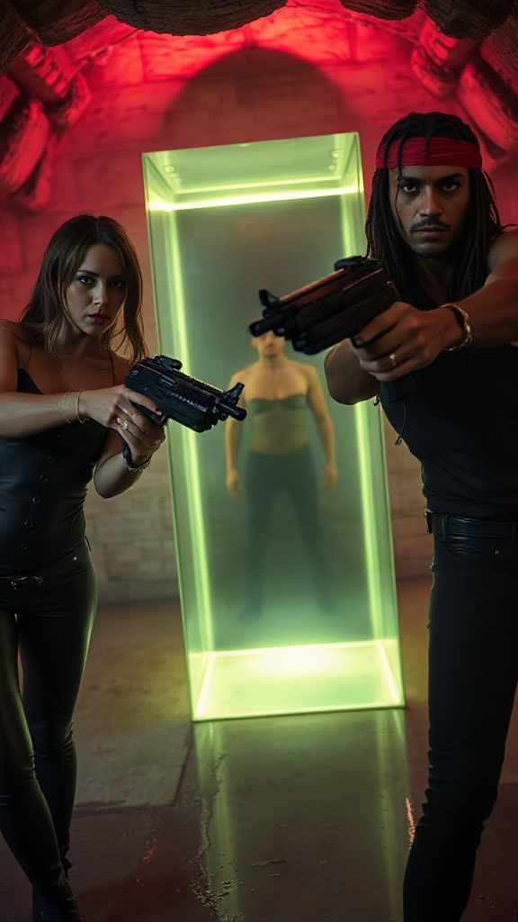 A cinematic full shot in a subterranean cyber-gothic bunker.