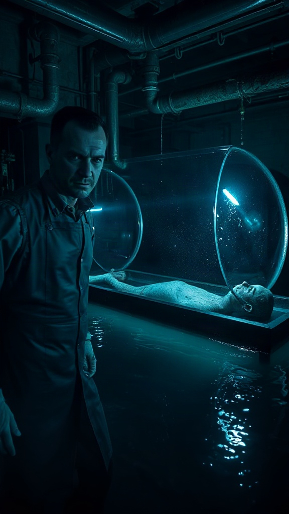 Cinematic dark fantasy shot. An eerie subterranean bunker su