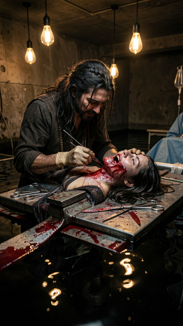 Close-up cinematic shot, brutal surgery room in flooded base