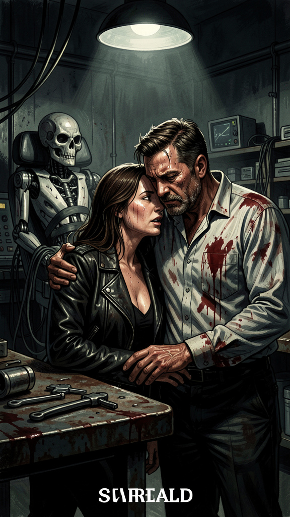 Gritty, highly cinematic noir intimacy scene inside a dark w