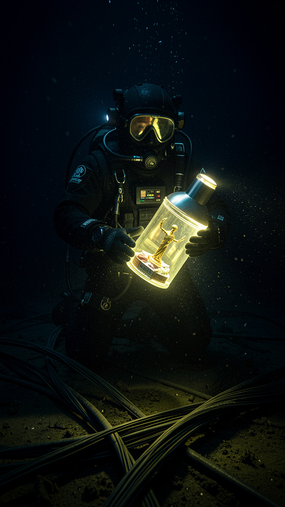 Undersea cinematic shot at 300 meters depth in total blackne