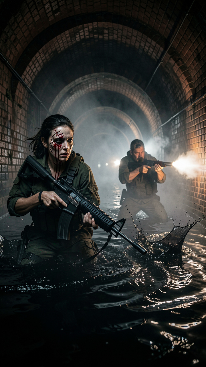 Action cinematic shot, flooded dark tunnel combat, Elena wit