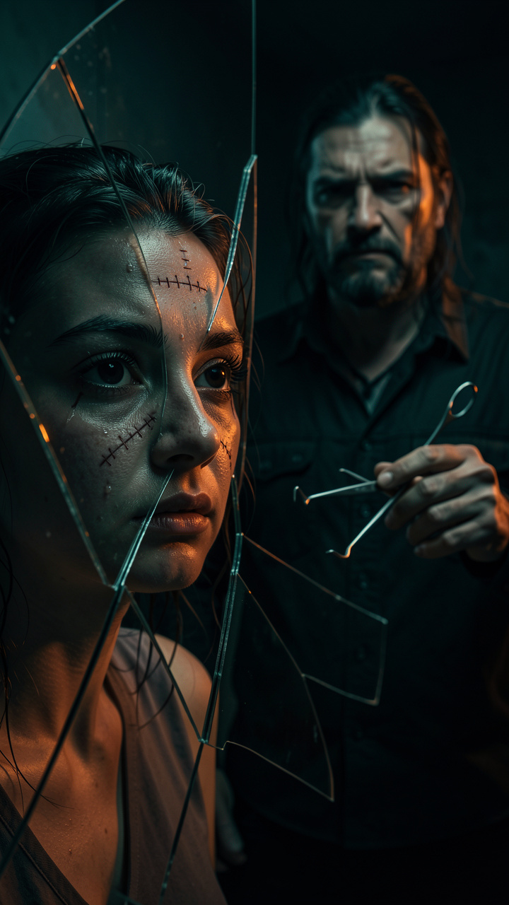 Psychological thrill cinematic shot, Elena looking at her di