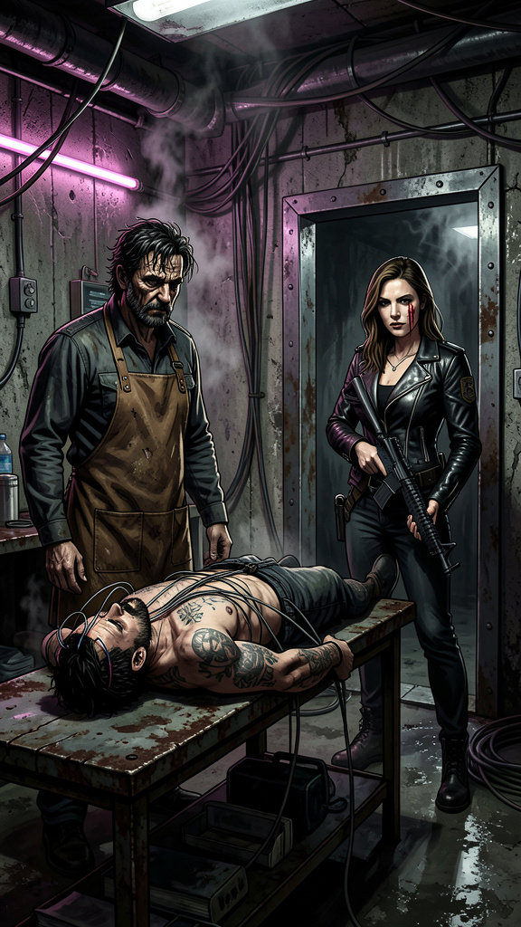 Cinematic noir photography of a gritty underground medical b